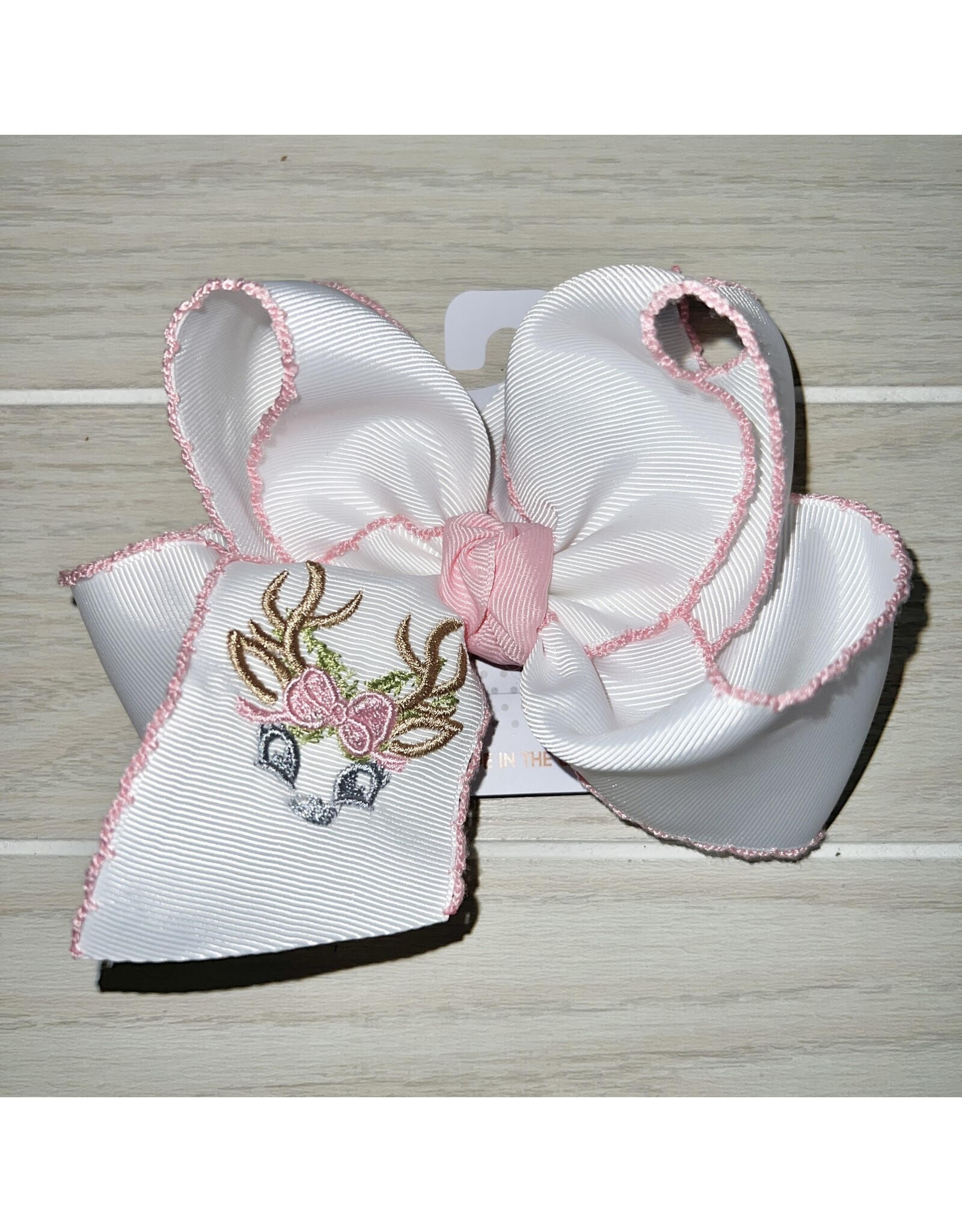 Beyond Creations Beyond Creations- Light Pink Reindeer Crochet Edge 5.5" Knot Bow
