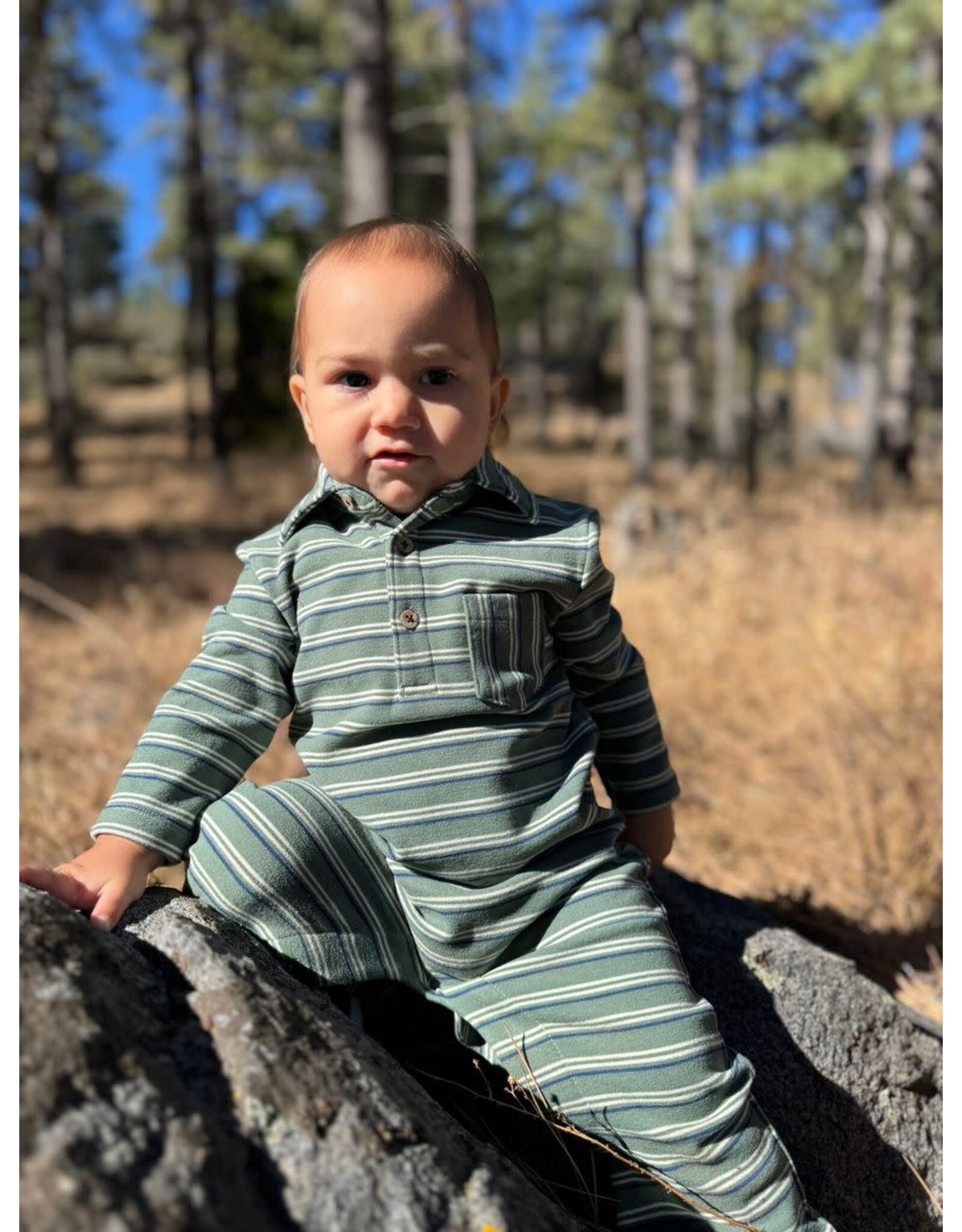 Me & Henry Me & Henry- Kingston Green Double Stripe Polo Romper