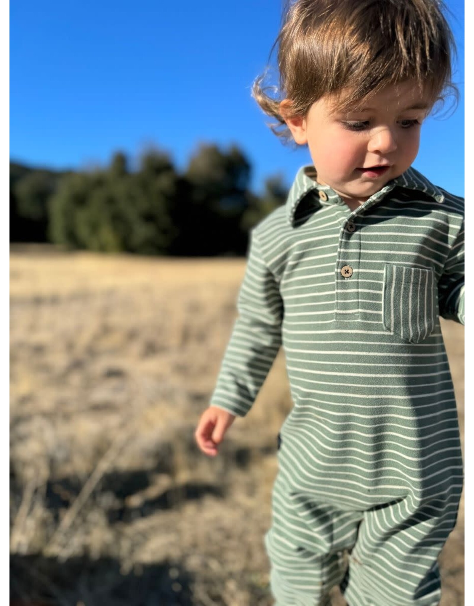 Me & Henry Me & Henry- Kingston Forest/Cream Stripe Polo Romper