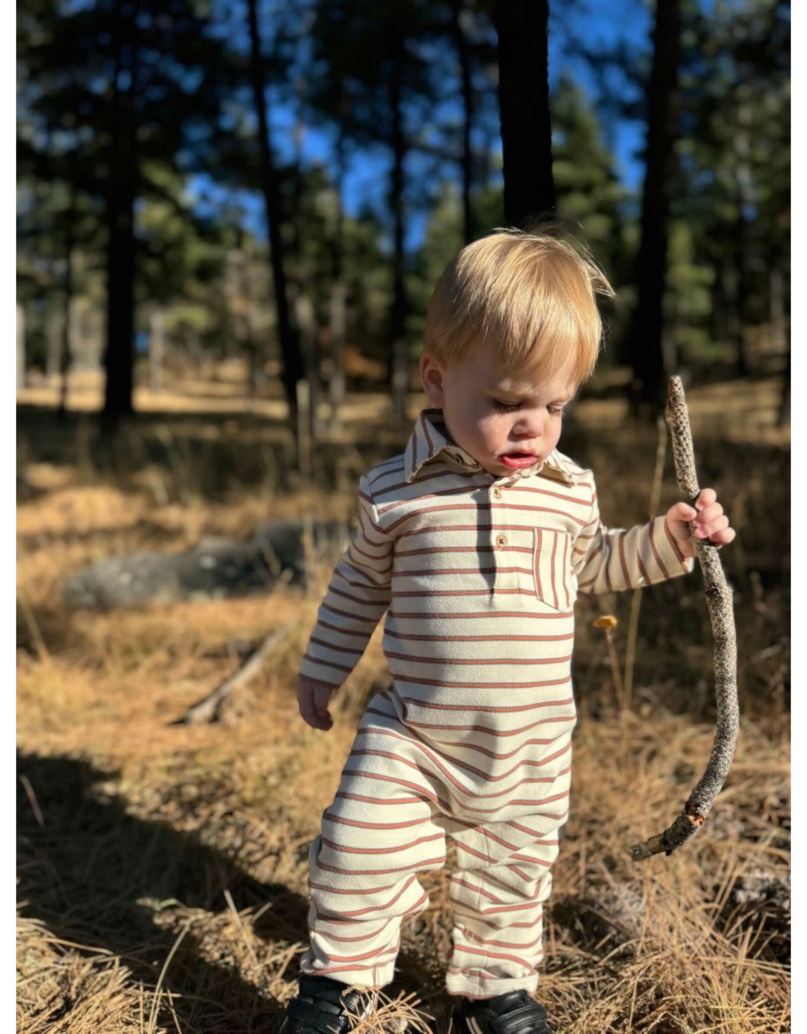 Me & Henry Me & Henry- Kingston Cream/Orange Stripe Polo Romper