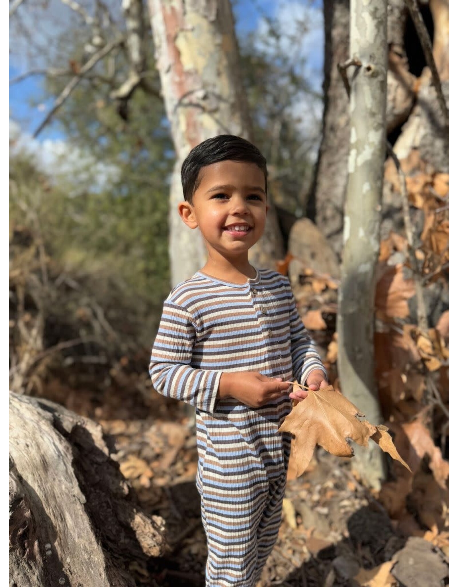 Me & Henry Me & Henry- Mason Ribbed Henley Beige/Blue/Cream Romper