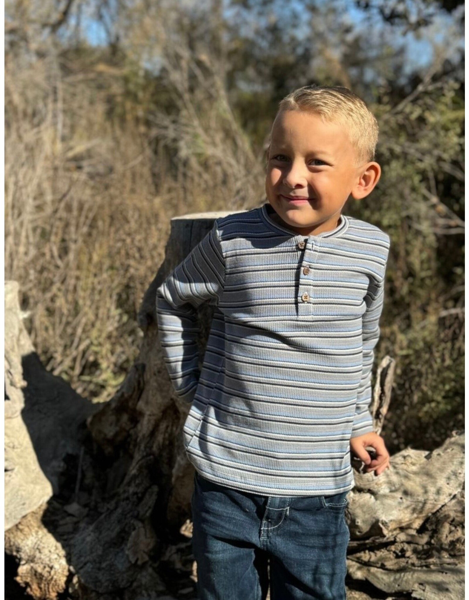 Me & Henry Me & Henry- Adam’s Henley: Grey/Cream/Blue