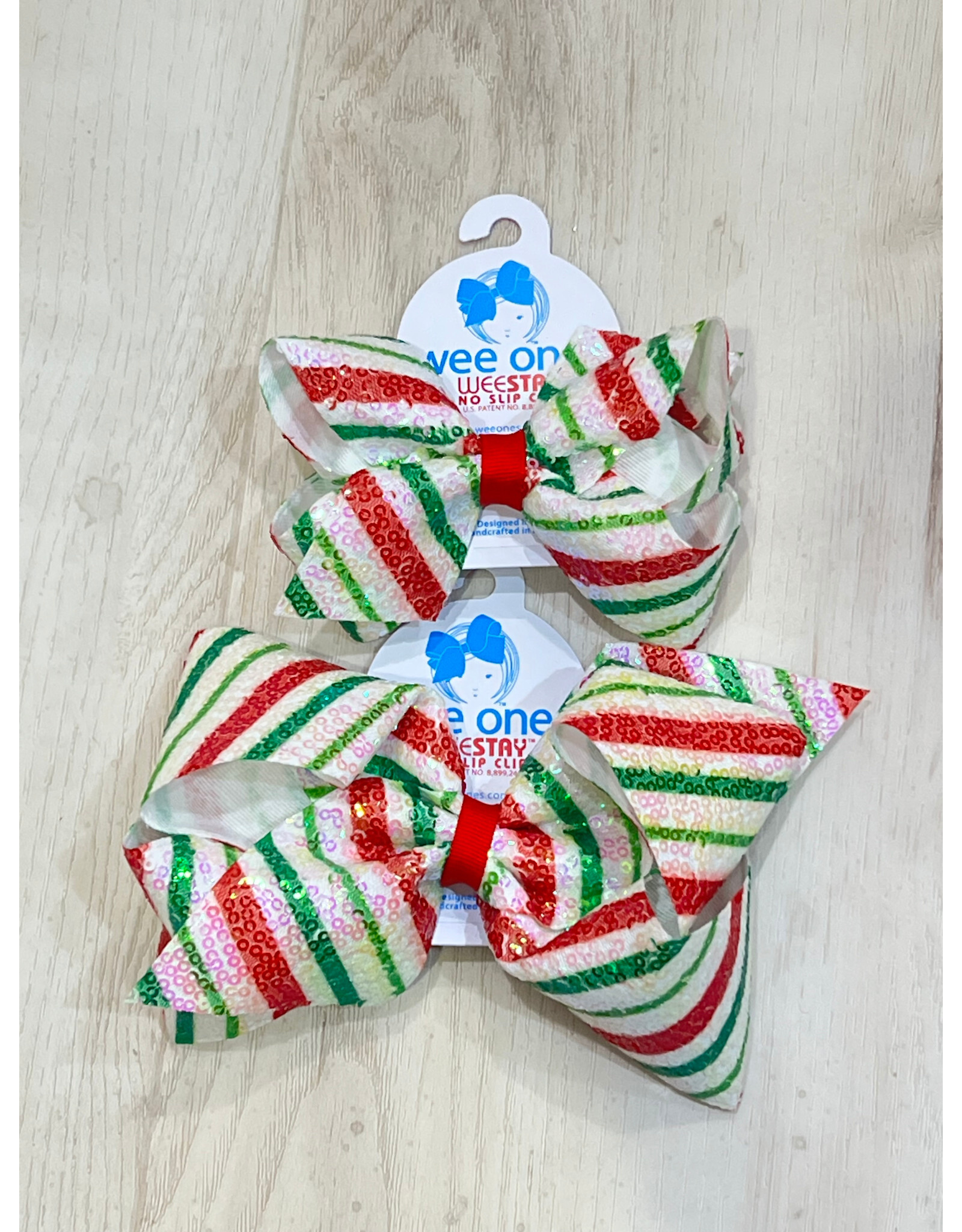 Wee Ones- Red, White & Green Stripe Sequin Bow