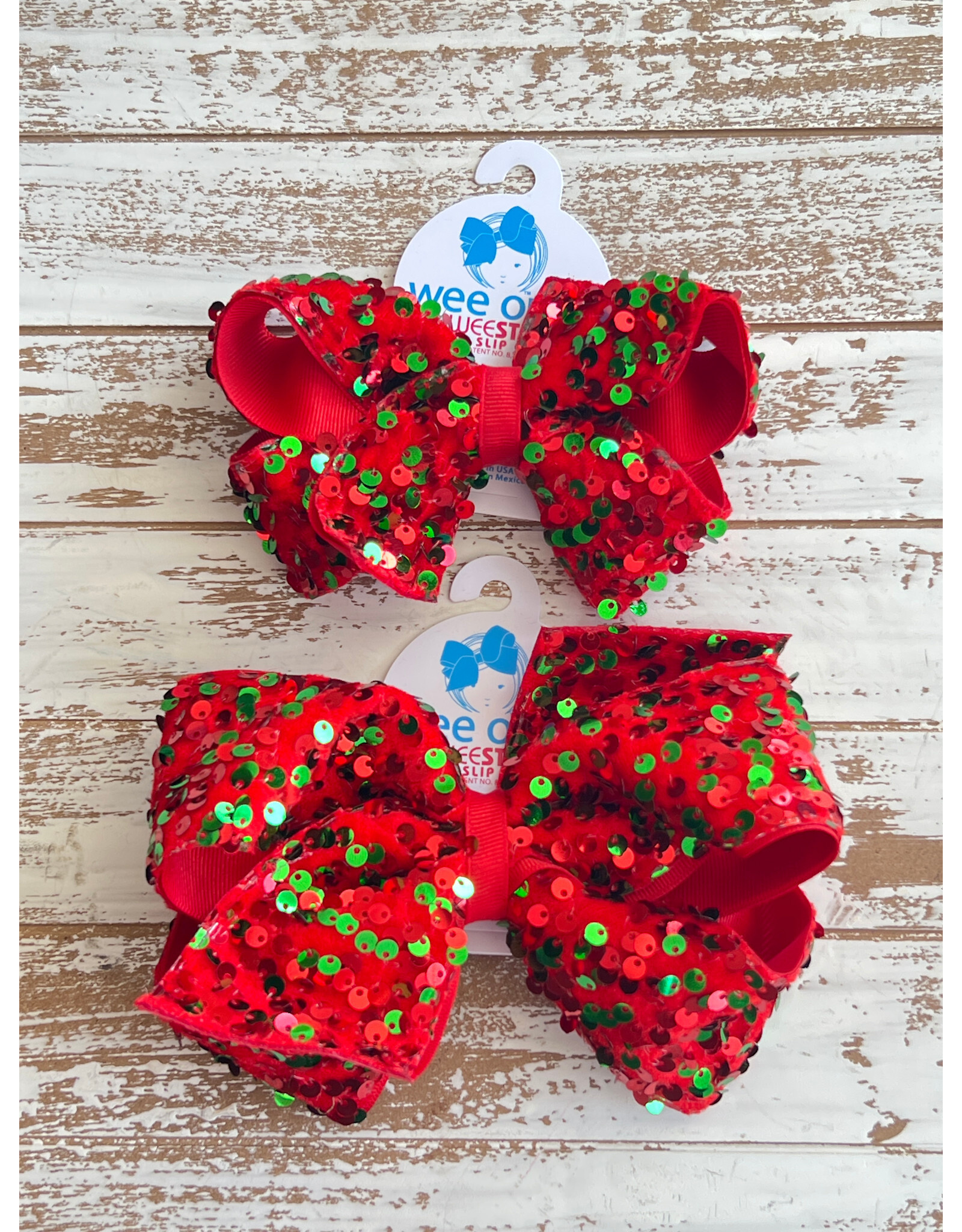 Wee Ones- Red & Green Velvet Sequin Layered Bow