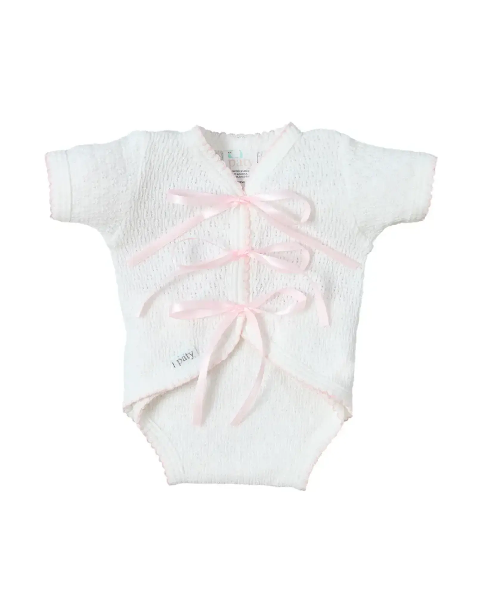 Paty Inc. Paty Inc.- White w/Pink Trim Ribbon Tie Onesie: Newborn