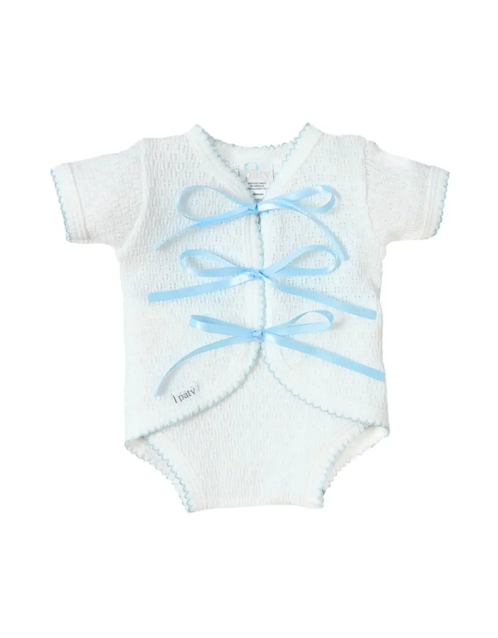Paty Inc. Paty Inc.- White w/Blue Trim Ribbon Tie Onesie: Newborn