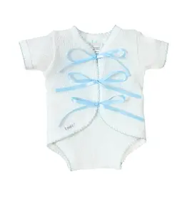 Paty Inc. Paty Inc.- White w/Blue Trim Ribbon Tie Onesie: Newborn