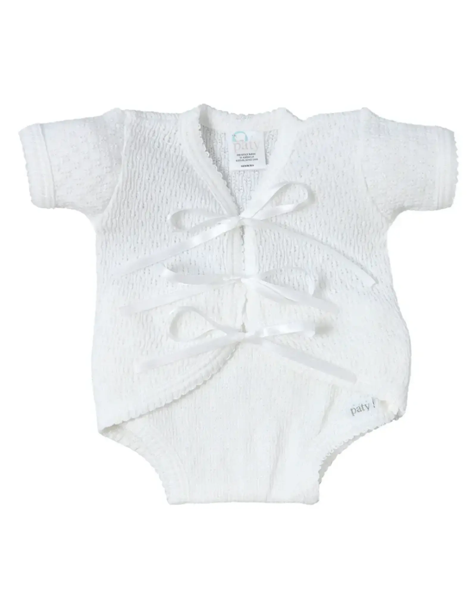 Paty Inc. Paty Inc.- White w/White Trim Ribbon Tie Onesie: Newborn