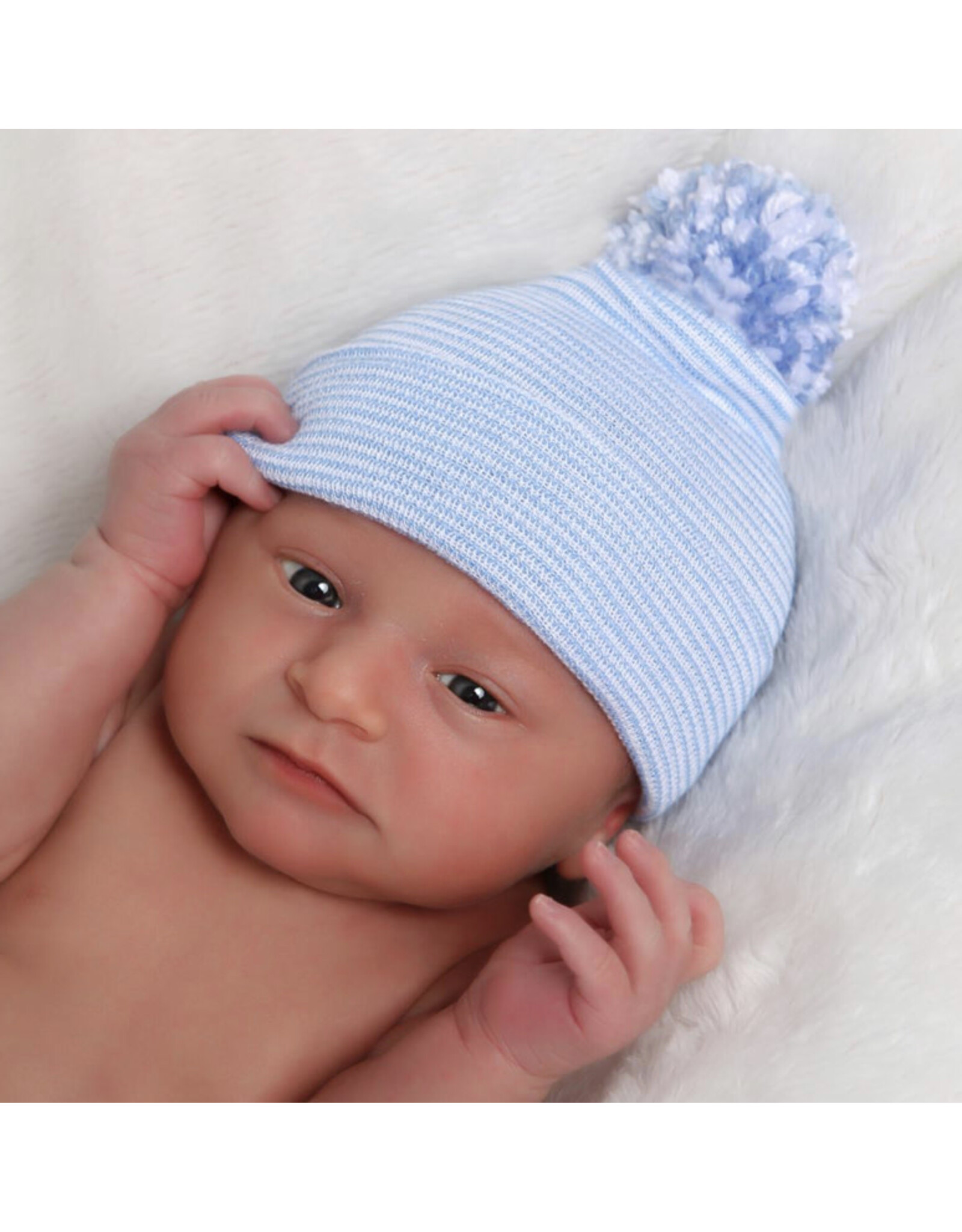 ILYBEAN Ilybean - Blue & White Striped with Mixed Pom Nursery Beanie