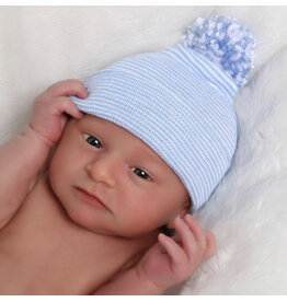 ILYBEAN Ilybean - Blue & White Striped with Mixed Pom Nursery Beanie