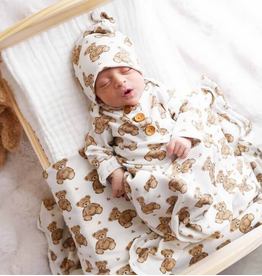 Caden Lane Caden Lane- Beary Sweet Bamboo Waffle Newborn Gown & Hat