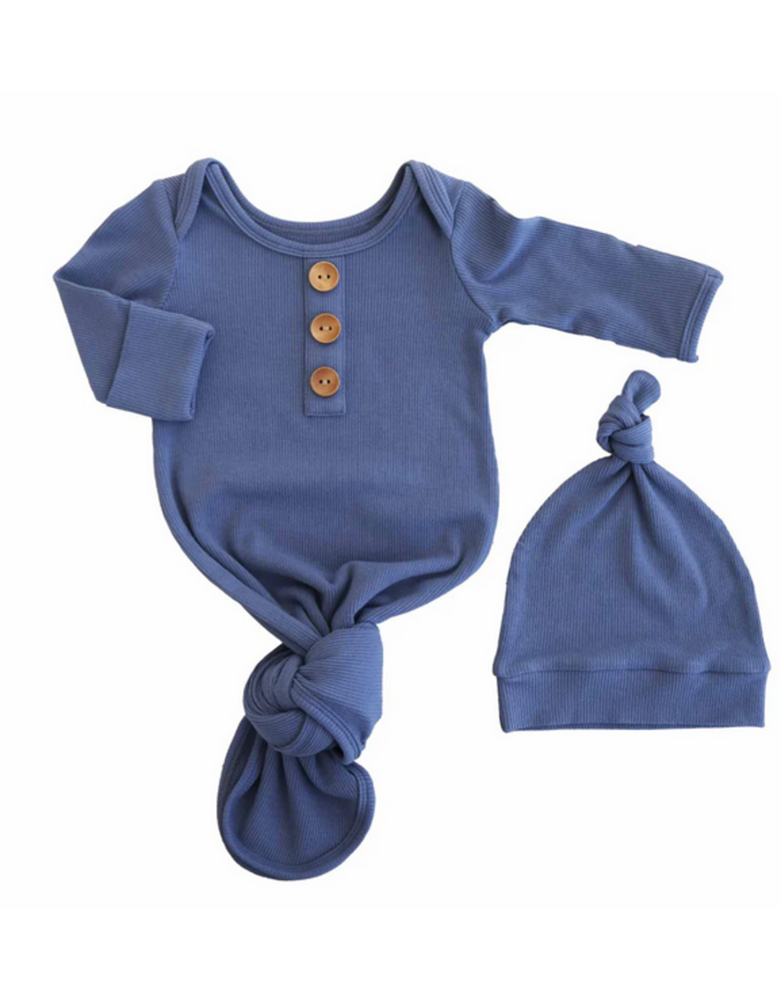 Caden Lane Caden Lane- Steel Blue Ribbed Bamboo Newborn Knot Gown & Hat