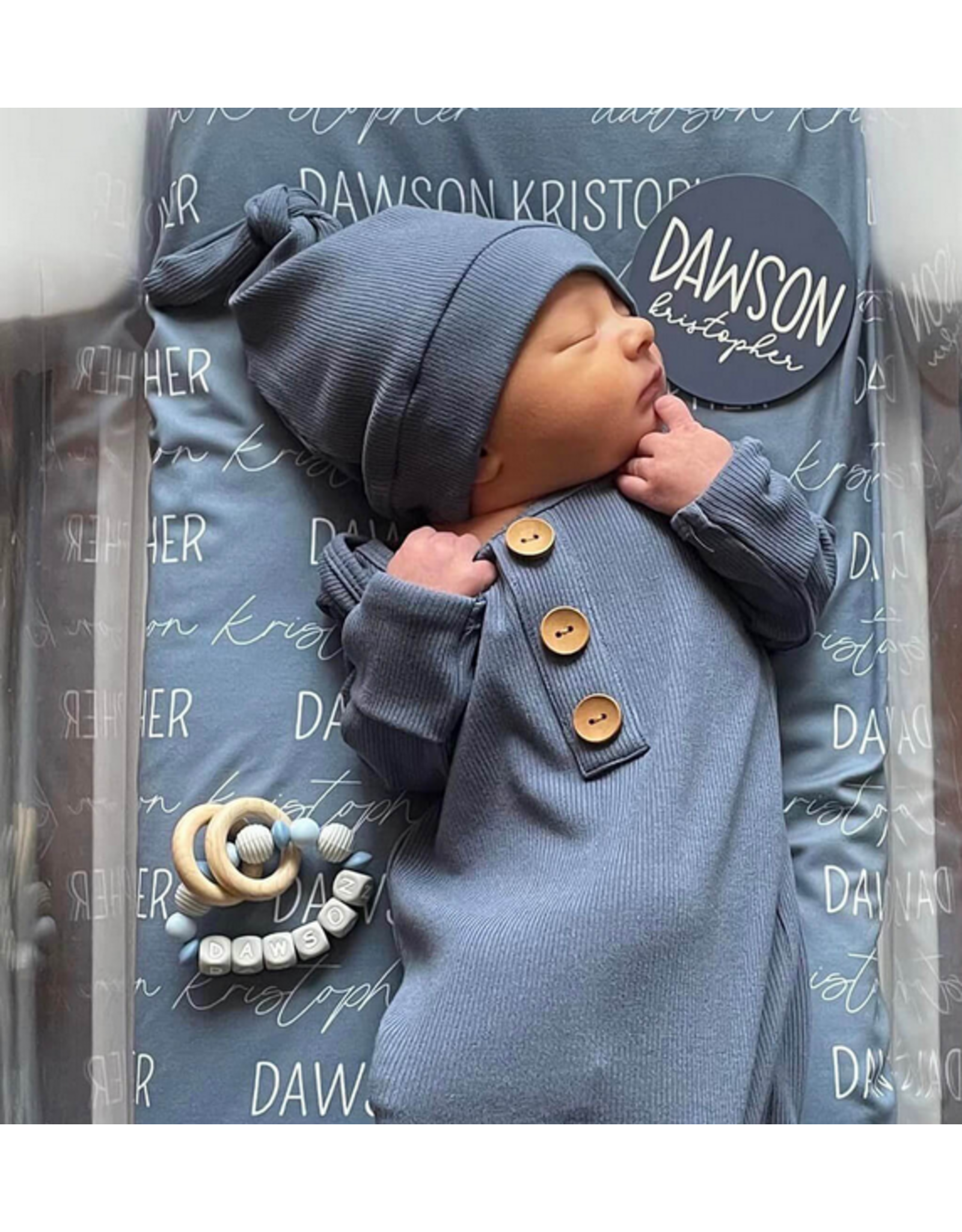 Caden Lane Caden Lane- Steel Blue Ribbed Bamboo Newborn Knot Gown & Hat