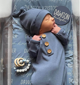 Caden Lane Caden Lane- Steel Blue Ribbed Bamboo Newborn Knot Gown & Hat
