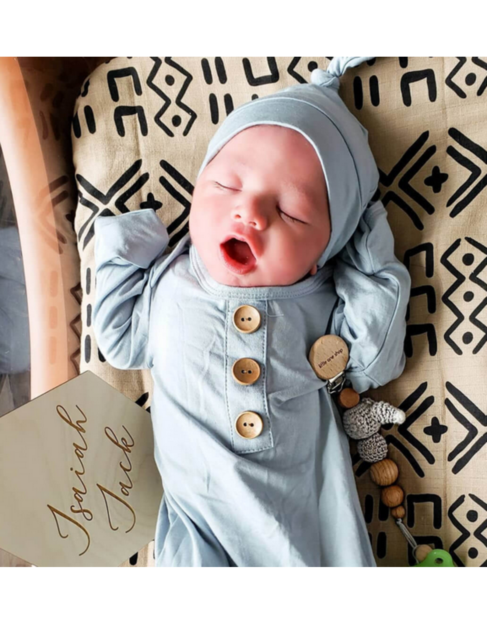 Caden Lane Caden Lane- Solid Light Dusty Blue Bamboo Newborn Knot Gown & Hat Set