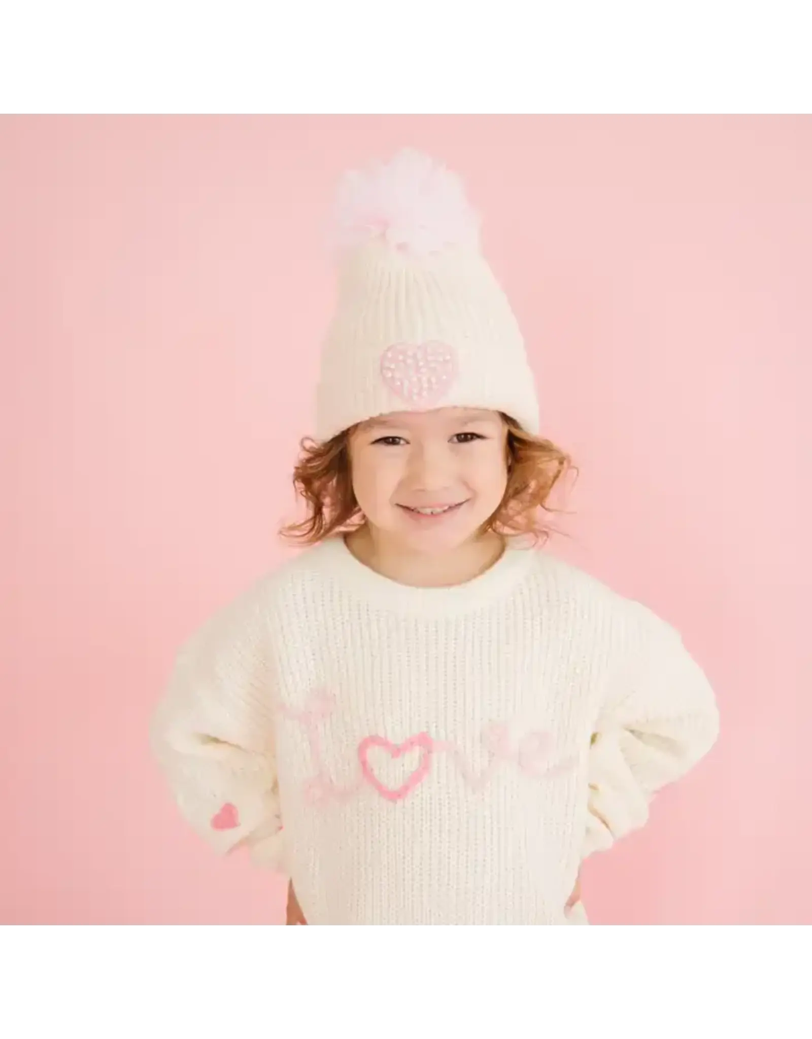 Sweet Wink - Pearl Heart Patch Pom Pom Beanie