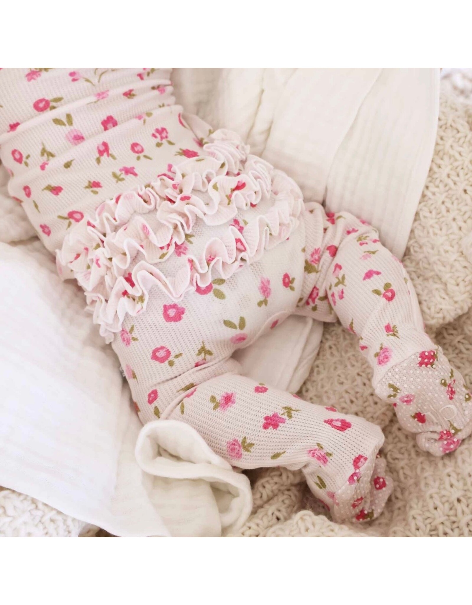 Caden Lane Caden Lane- Penny’s Posies Bamboo Waffle Zipper Ruffle Footie