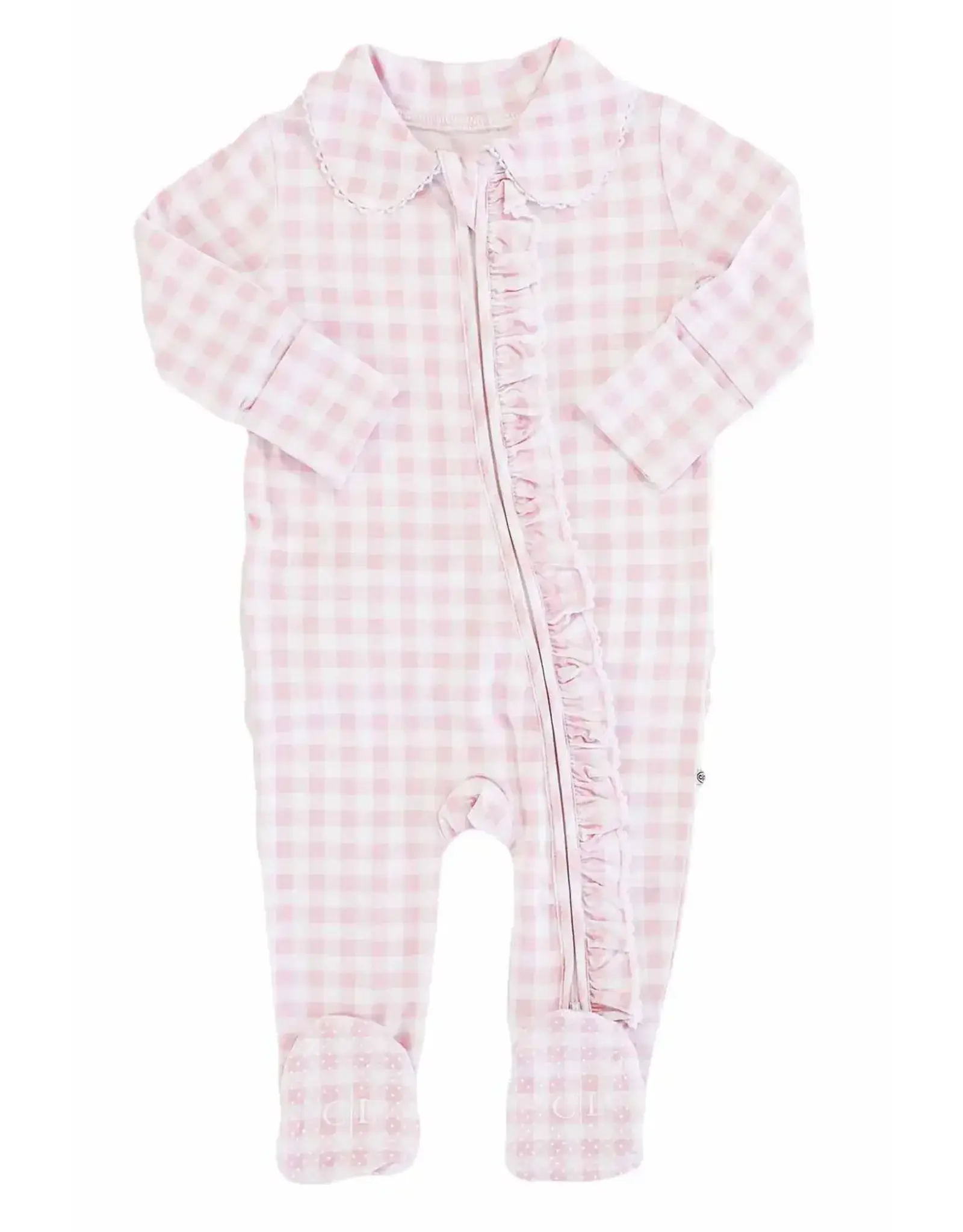 Caden Lane Caden Lane- Rosy Gingham Peter Pan Collar Ruffle Zipper Footie