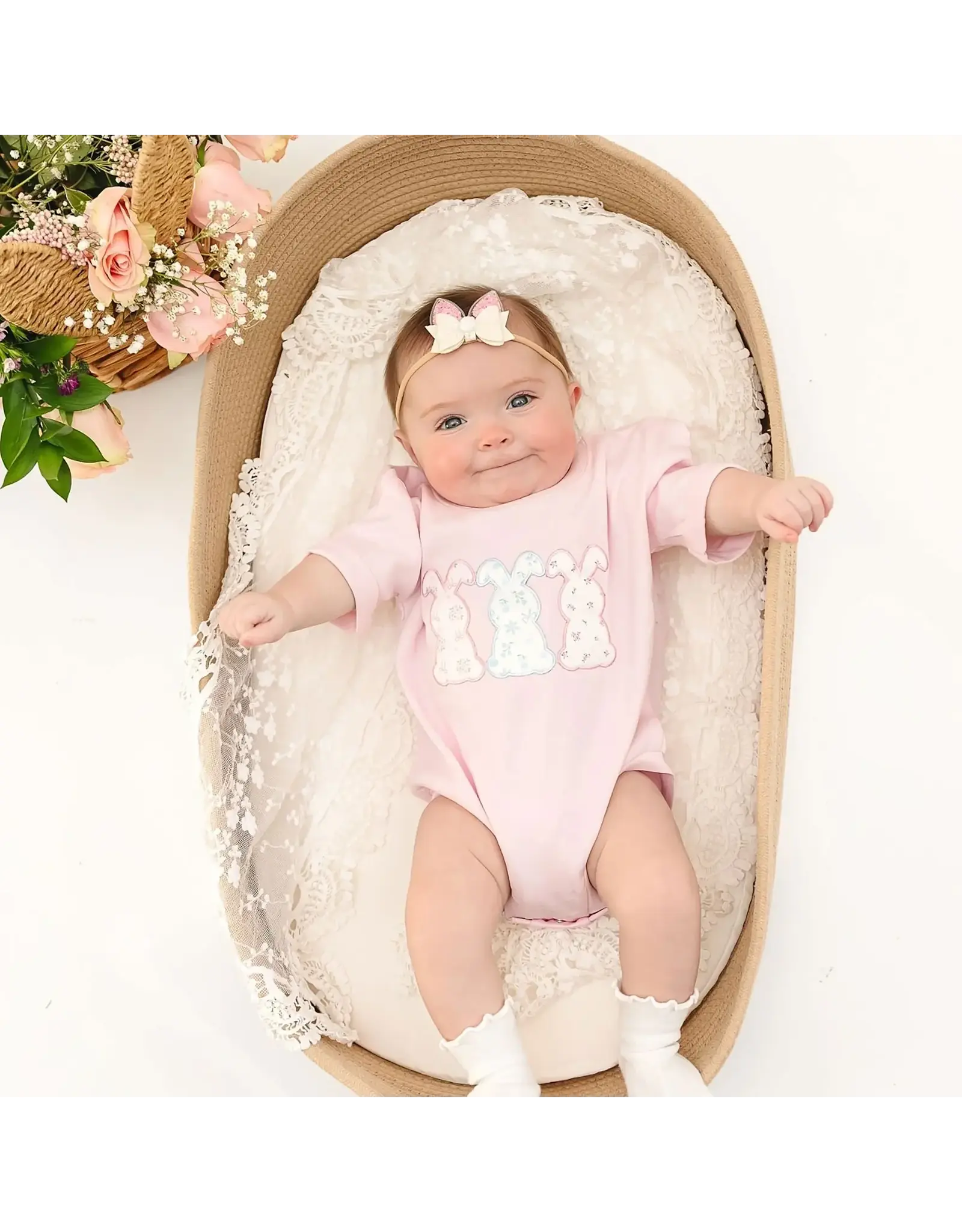 Sweet Wink- Floral Bunny Patch Easter Romper: Ballet