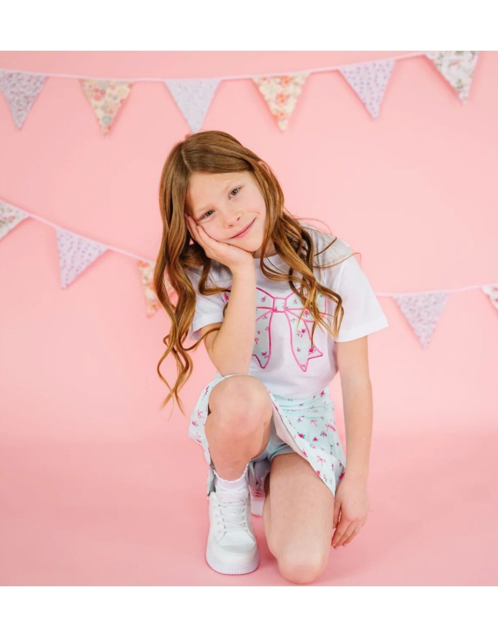 Sweet Wink- Sky Blue Floral Bow Patch S/S White TShirt