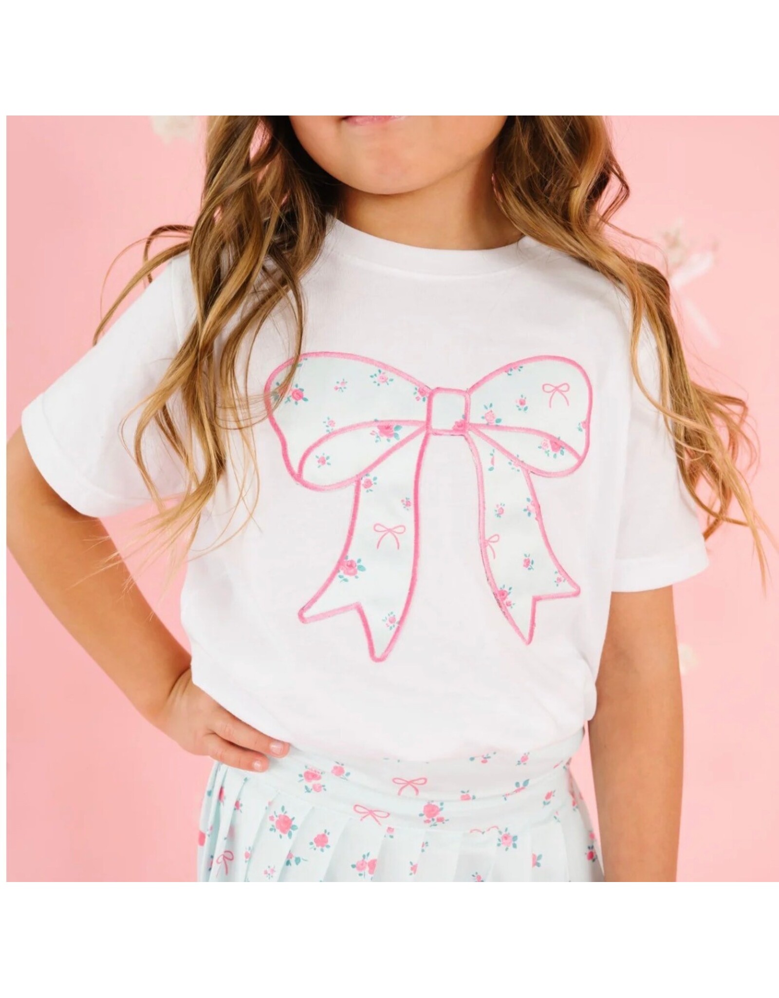 Sweet Wink- Sky Blue Floral Bow Patch S/S White TShirt