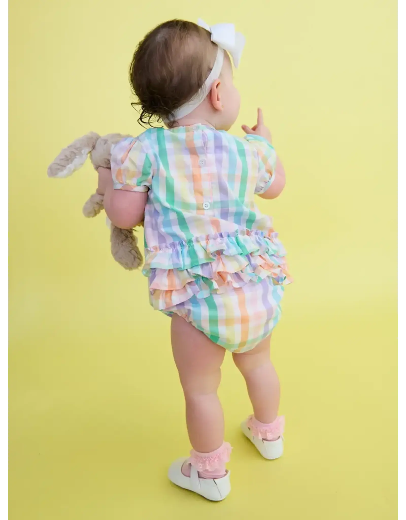 Ruffle Butts Ruffle Butts- Poppy Rainbow Plaid Smocked Romper