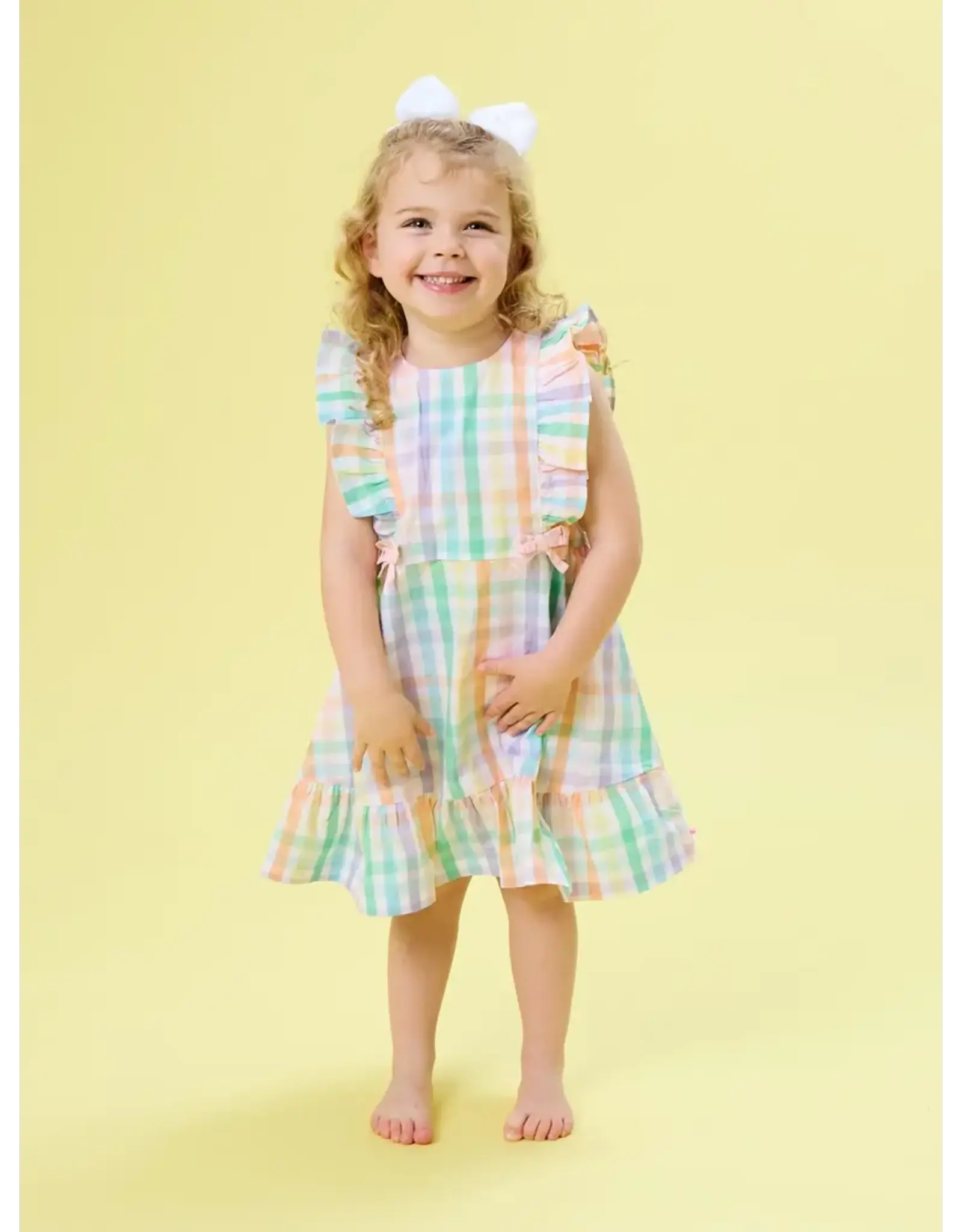 Ruffle Butts Ruffle Butts- Poppy Rainbow Plaid Pinafore Dress