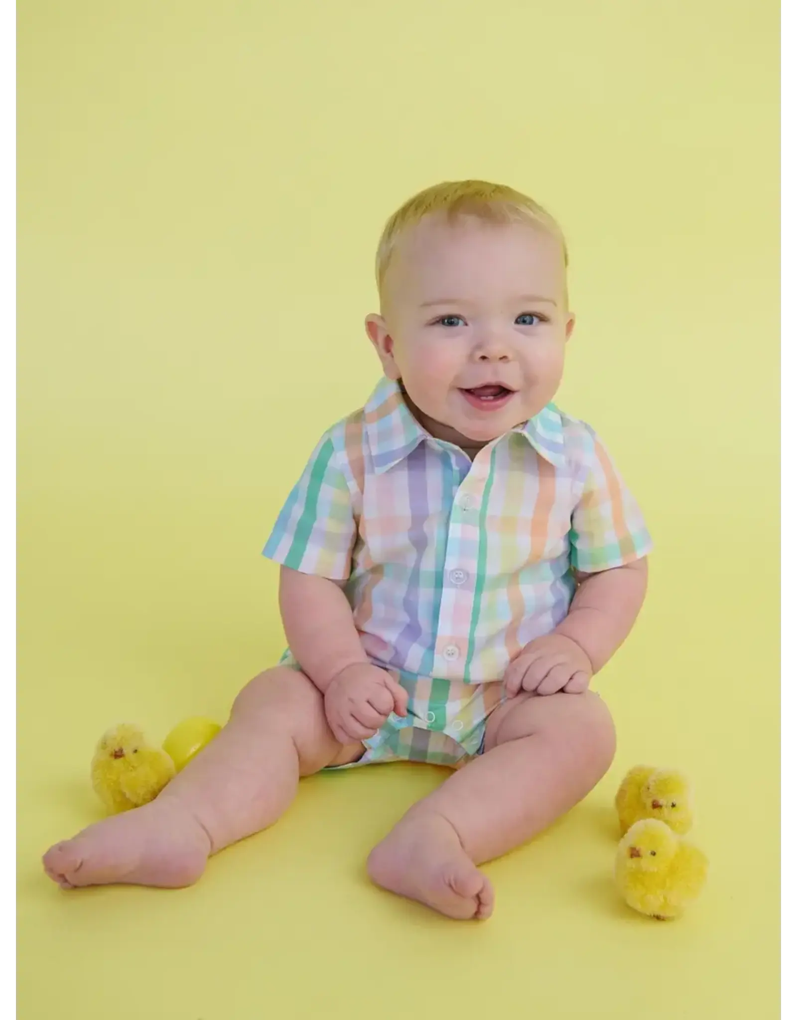 Ruffle Butts Ruffle Butts- Poppy Rainbow Plaid Button-Up Romper
