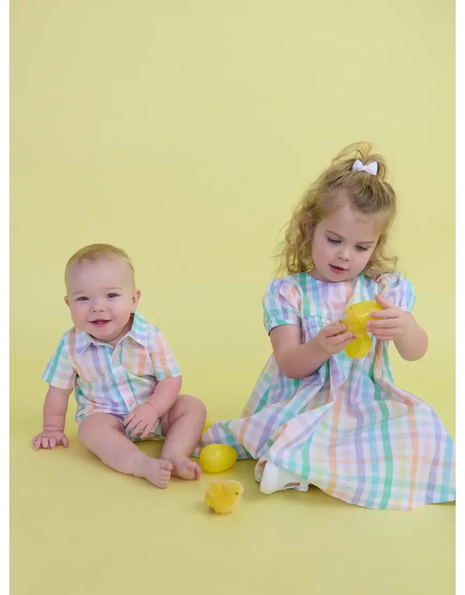 Ruffle Butts Ruffle Butts- Poppy Rainbow Plaid Button-Up Romper