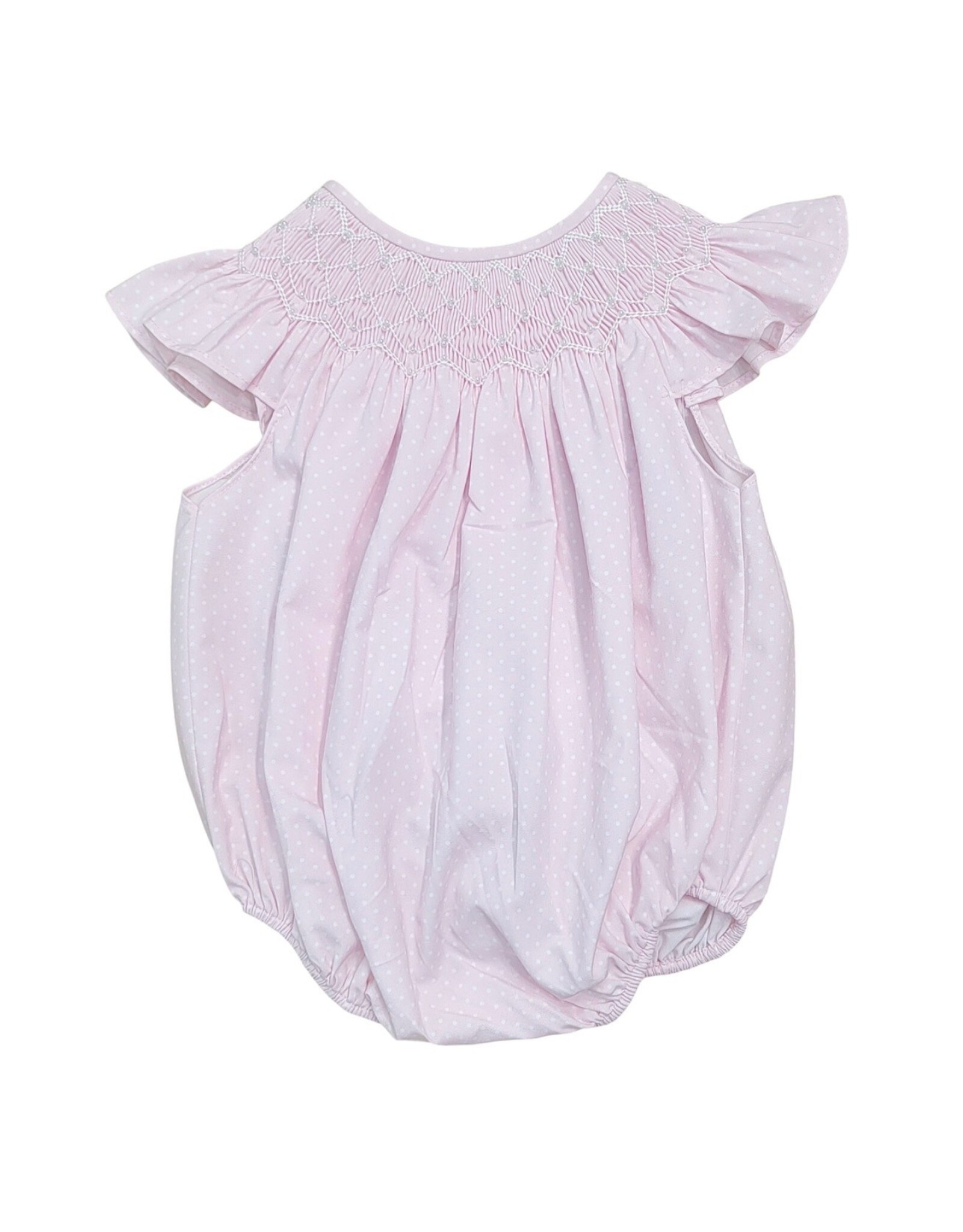 Sweet Dreams- Cathy Pink Polka Dot Pearl Smocked Bubble