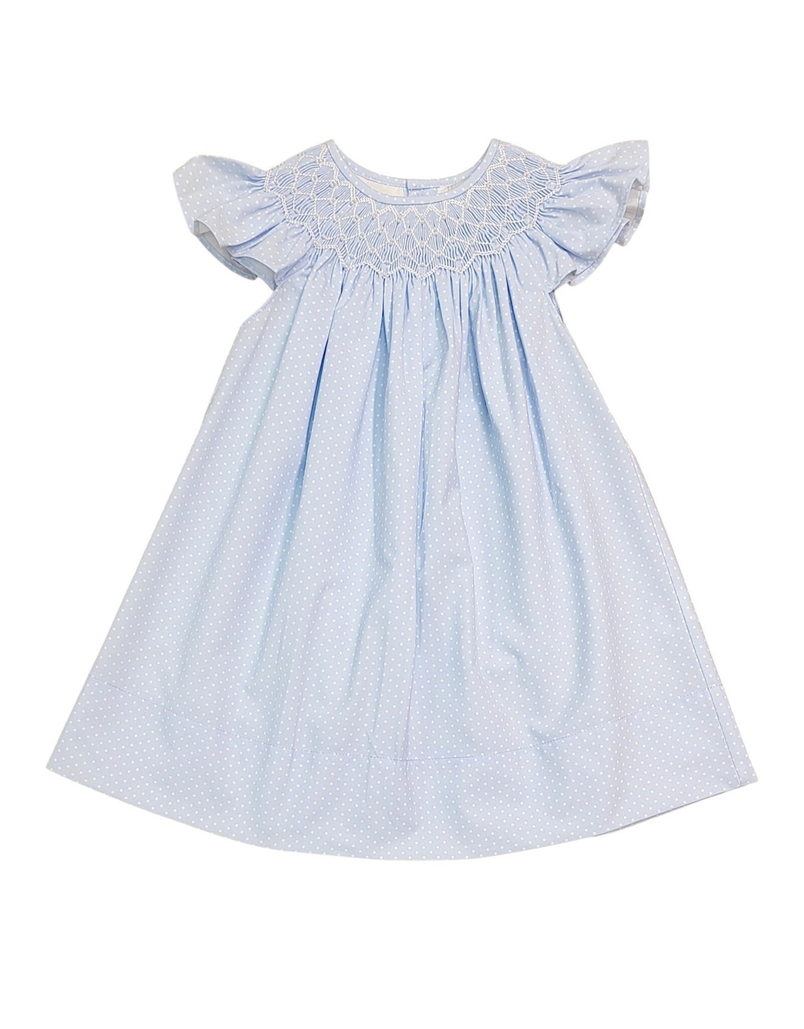 Sweet Dreams- Cathy Blue Polka Dot Pearl Smocked Dress