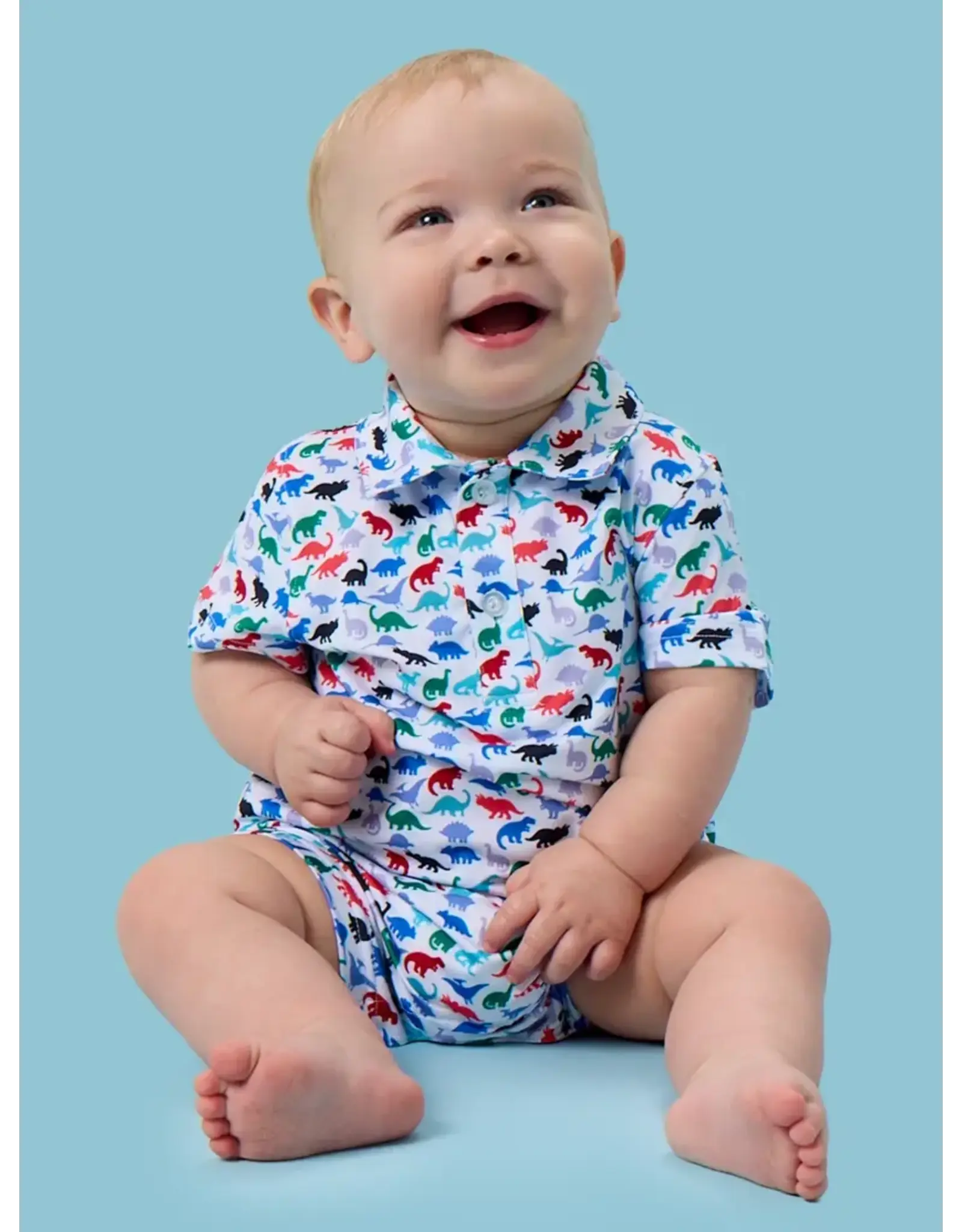 Ruffle Butts Ruffle Butts- Dino Roar Performance Polo Romper