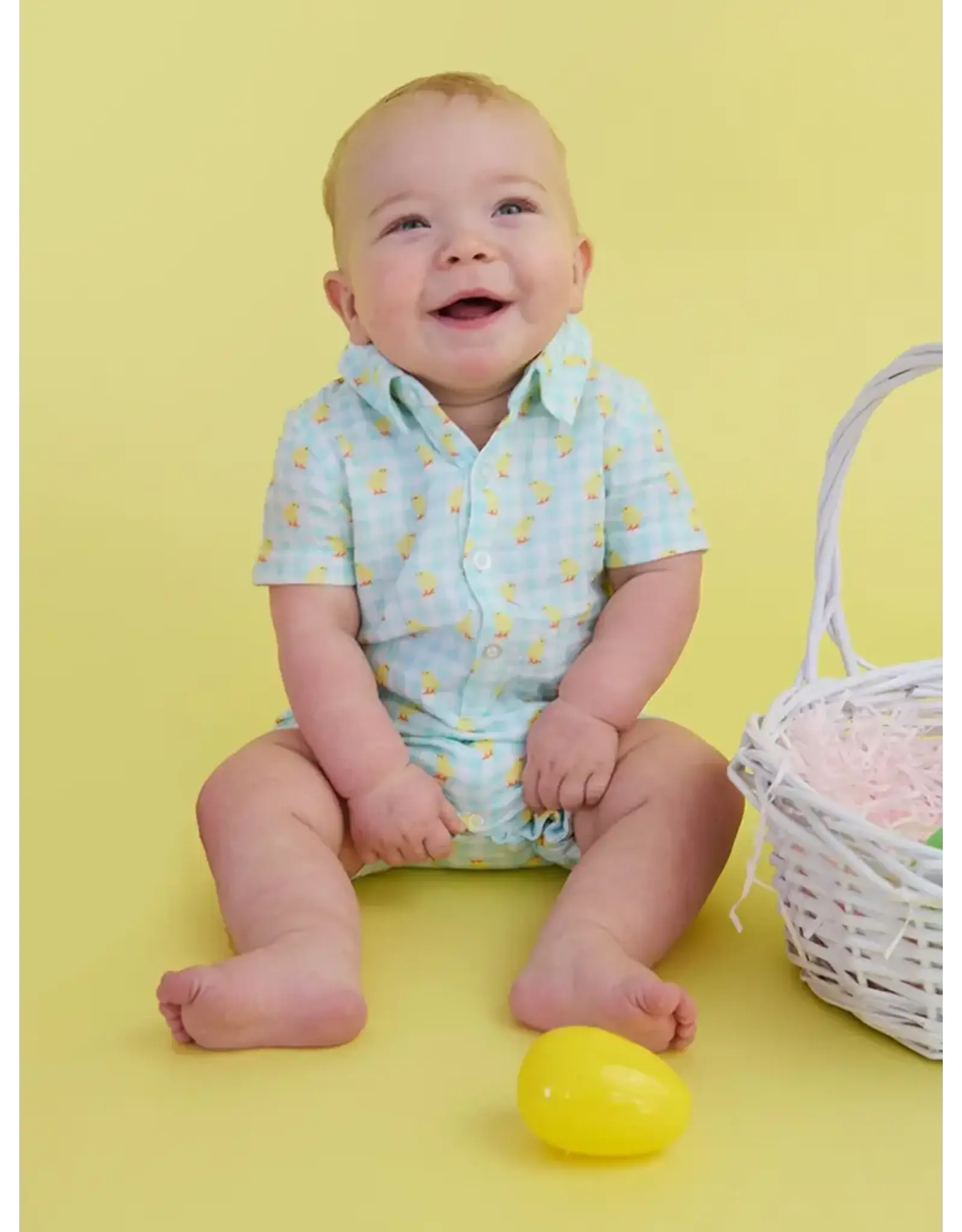 Ruffle Butts Ruffle Butts- Chirping Chicks Gingham Cottom Button-Up Romper