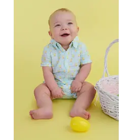 Ruffle Butts Ruffle Butts- Chirping Chicks Gingham Cottom Button-Up Romper