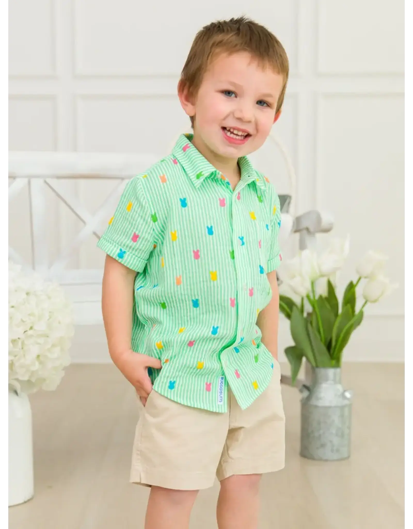 Ruffle Butts Ruffle Butts- Green Bunny Stripe Cottom Button Down Shirt