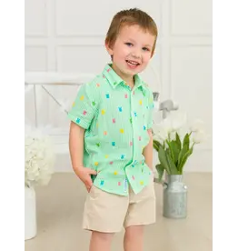 Ruffle Butts Ruffle Butts- Green Bunny Stripe Cottom Button Down Shirt