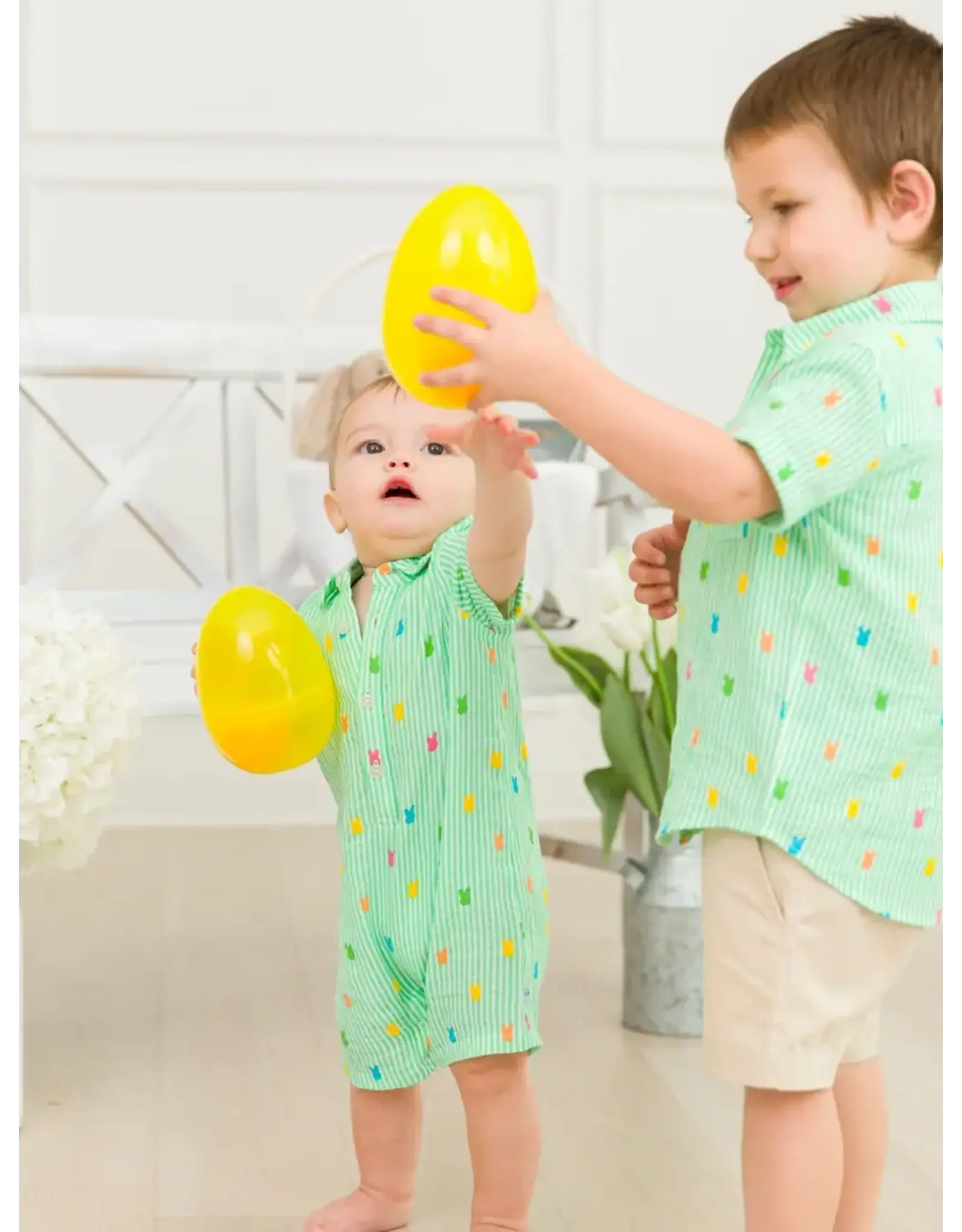 Ruffle Butts Ruffle Butts- Green Bunny Stripe Cottom Button-Up Romper