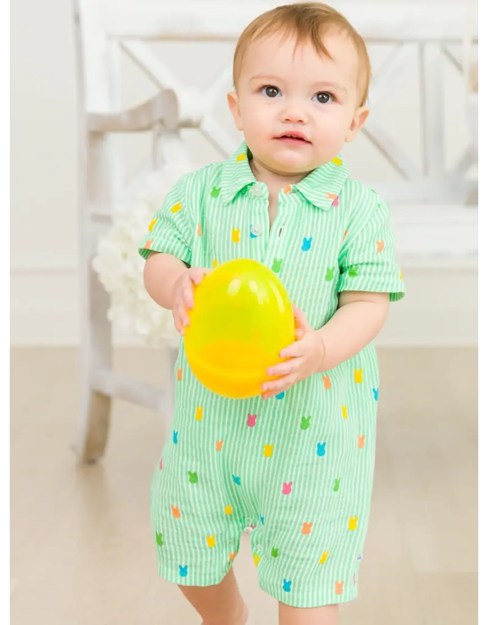 Ruffle Butts Ruffle Butts- Green Bunny Stripe Cottom Button-Up Romper