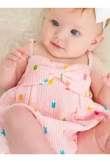 Ruffle Butts Ruffle Butts- Pink Bunny Stripe Cottom Guaze Bubble Romper