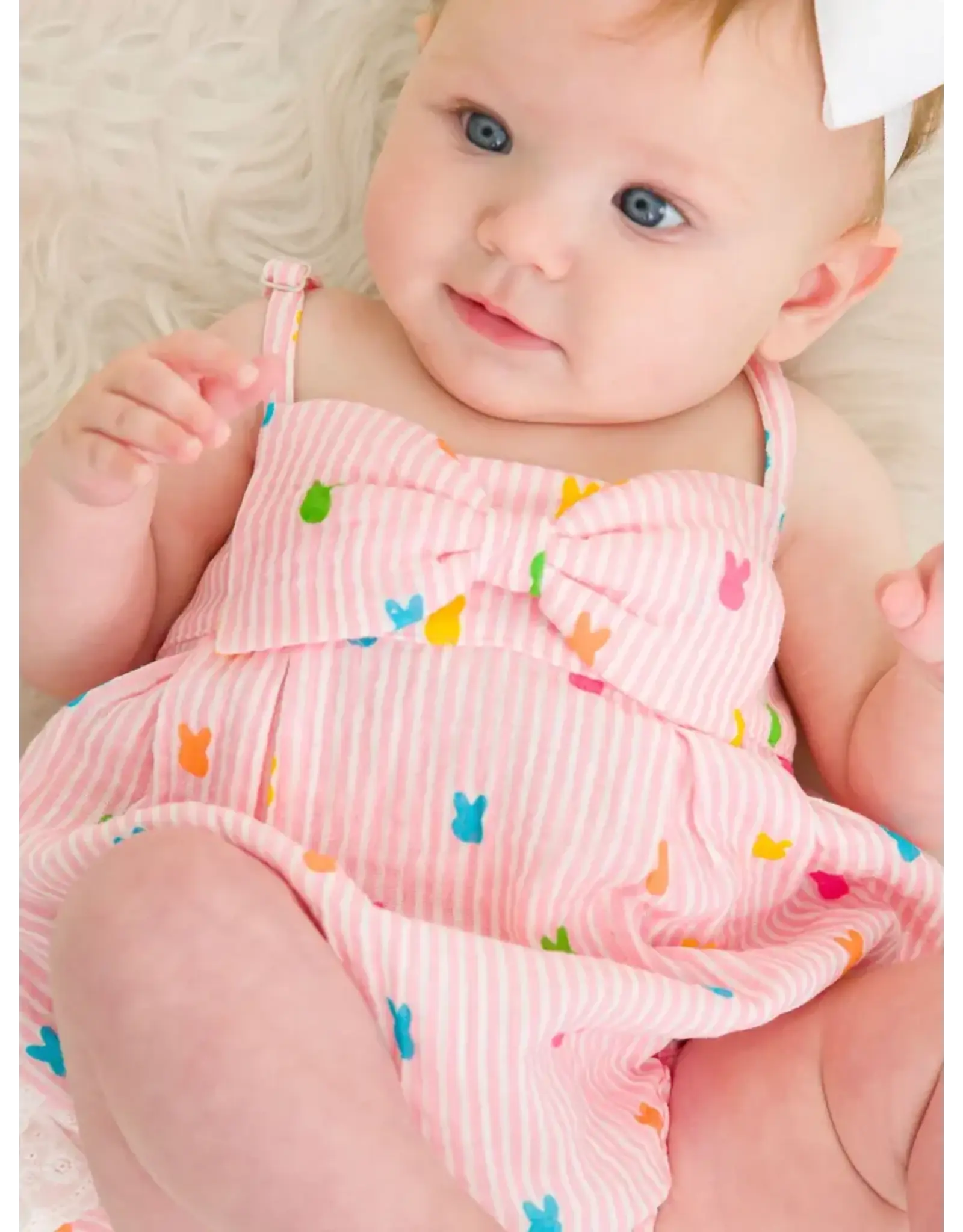 Ruffle Butts Ruffle Butts- Pink Bunny Stripe Cottom Guaze Bubble Romper