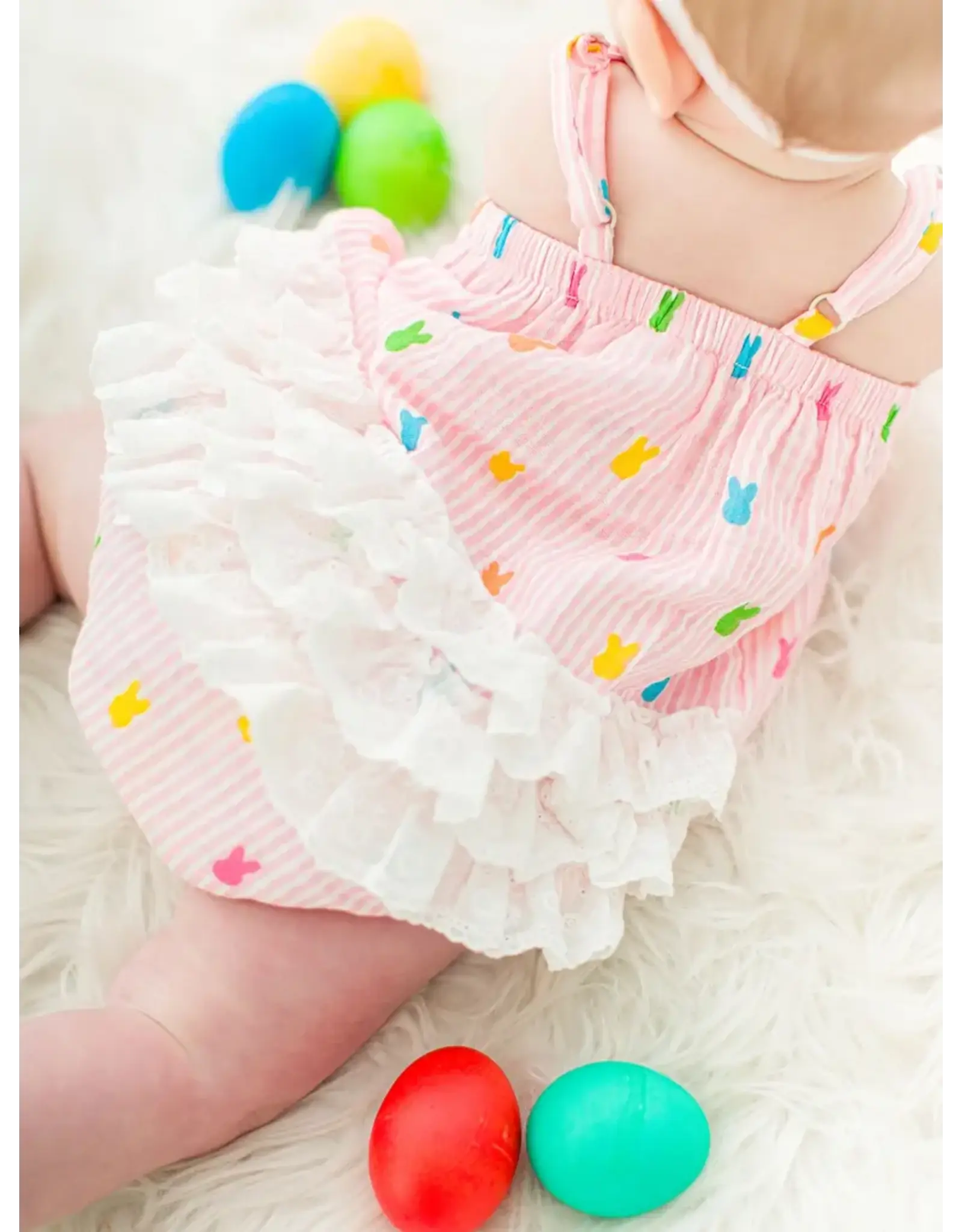 Ruffle Butts Ruffle Butts- Pink Bunny Stripe Cottom Guaze Bubble Romper