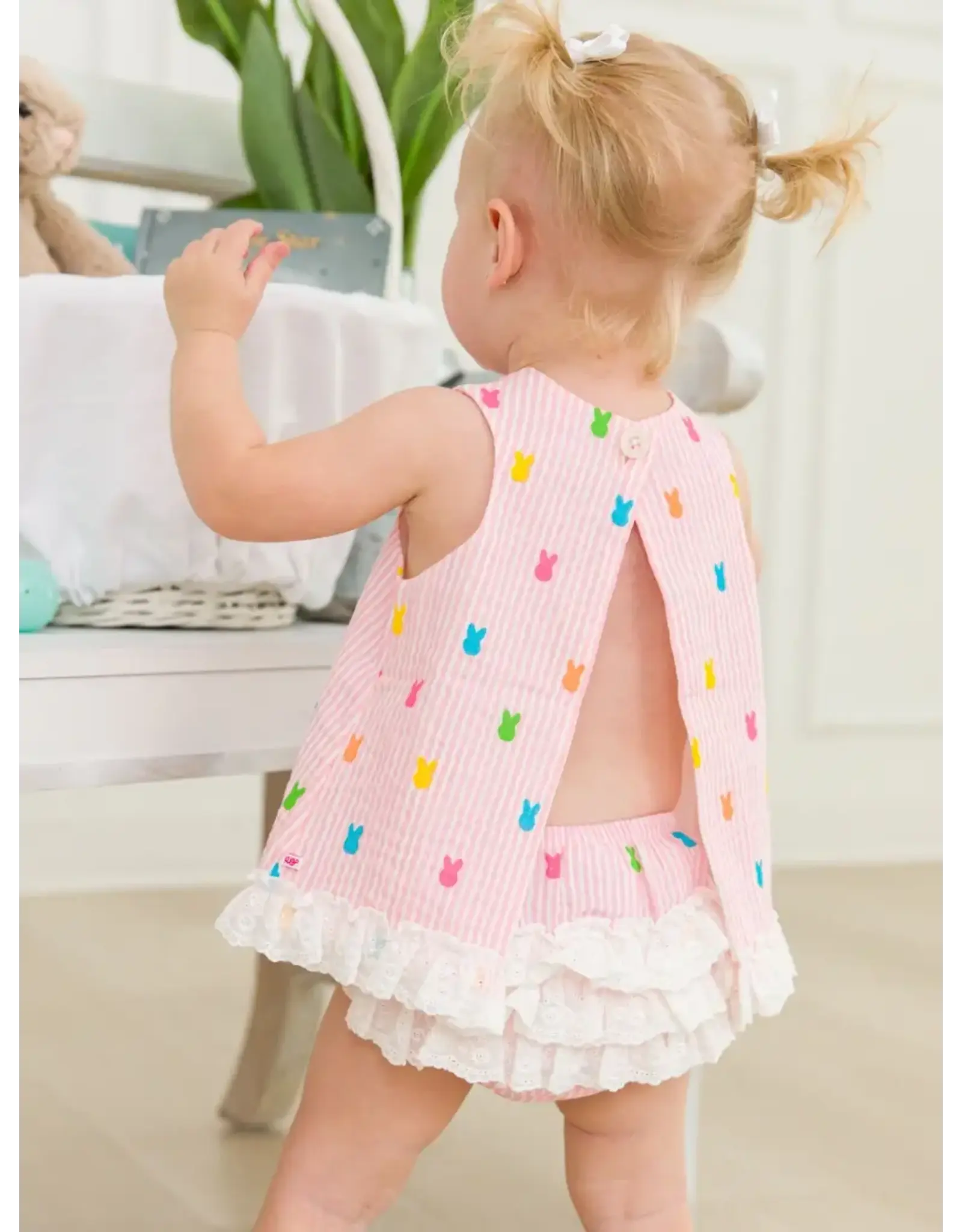 Ruffle Butts Ruffle Butts- Pink Bunny Stripe Cottom Guaze Swing Top & Bloomer Set