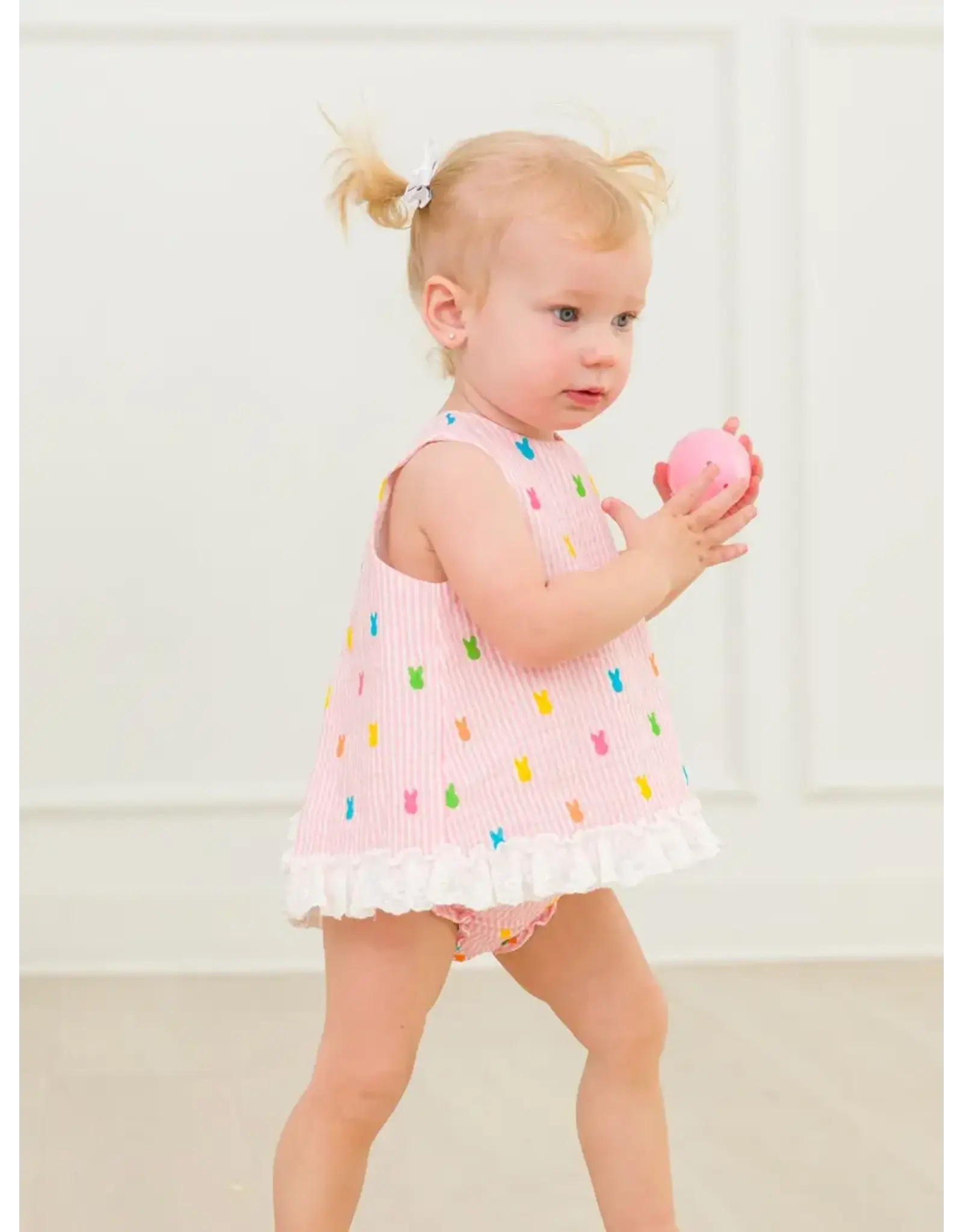 Ruffle Butts Ruffle Butts- Pink Bunny Stripe Cottom Guaze Swing Top & Bloomer Set