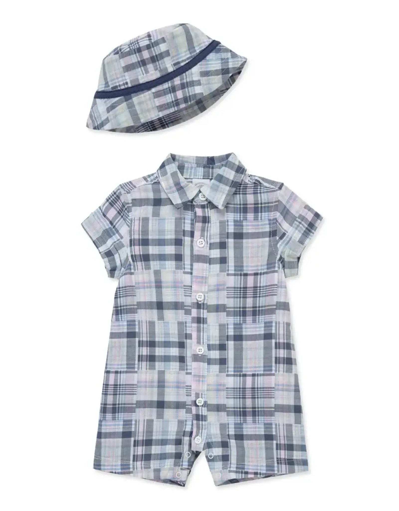 Little Me Little Me- Plaid Romper & Hat Set
