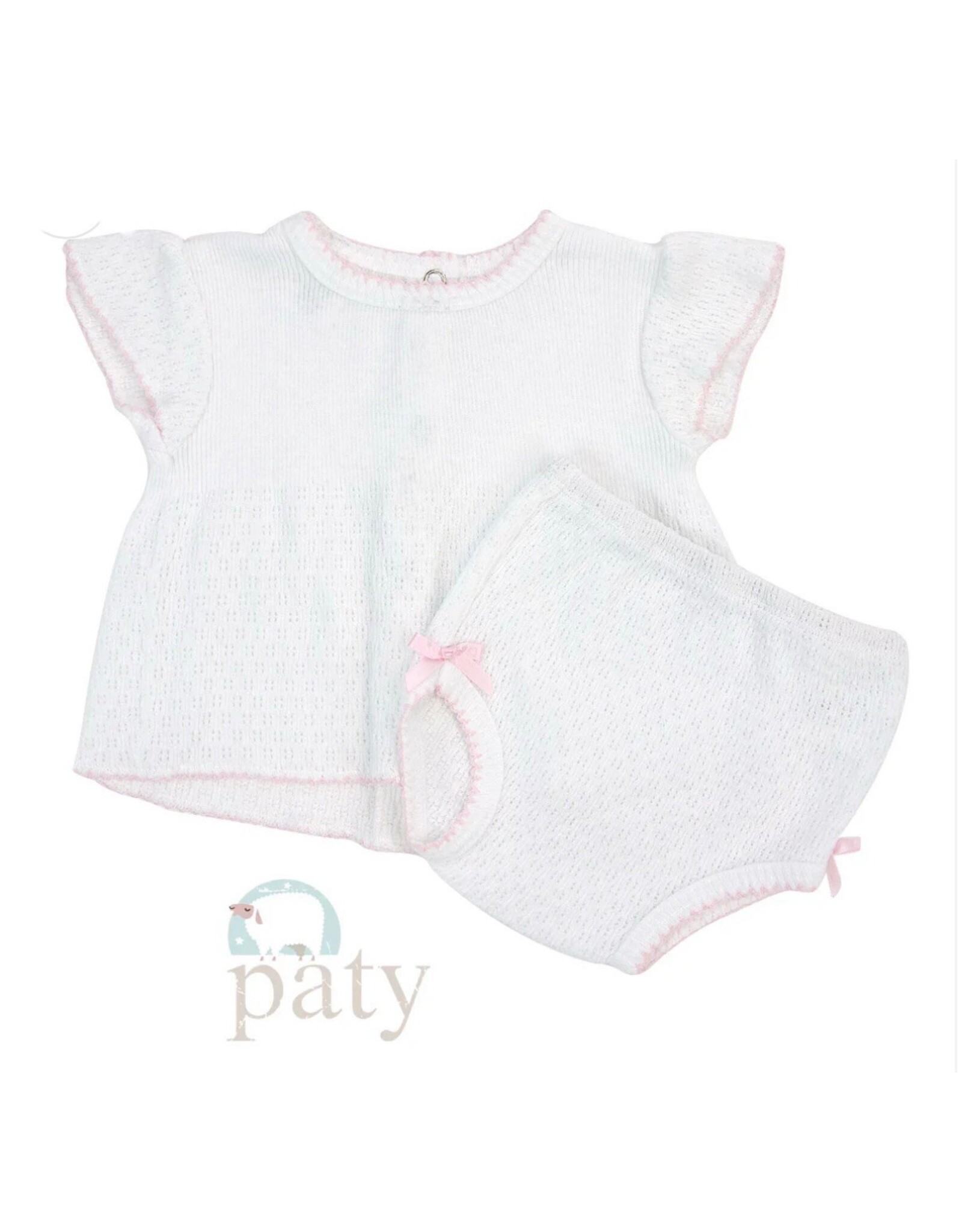 Paty Inc. Paty Inc.- White w/Pink Trim 2PC Flutter Sleeve Newborn Diaper Set