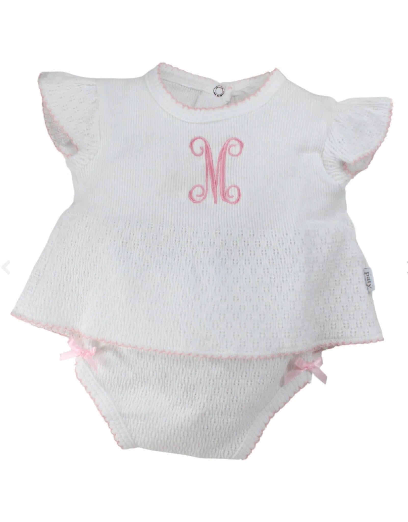 Paty Inc. Paty Inc.- White w/Pink Trim 2PC Flutter Sleeve Newborn Diaper Set