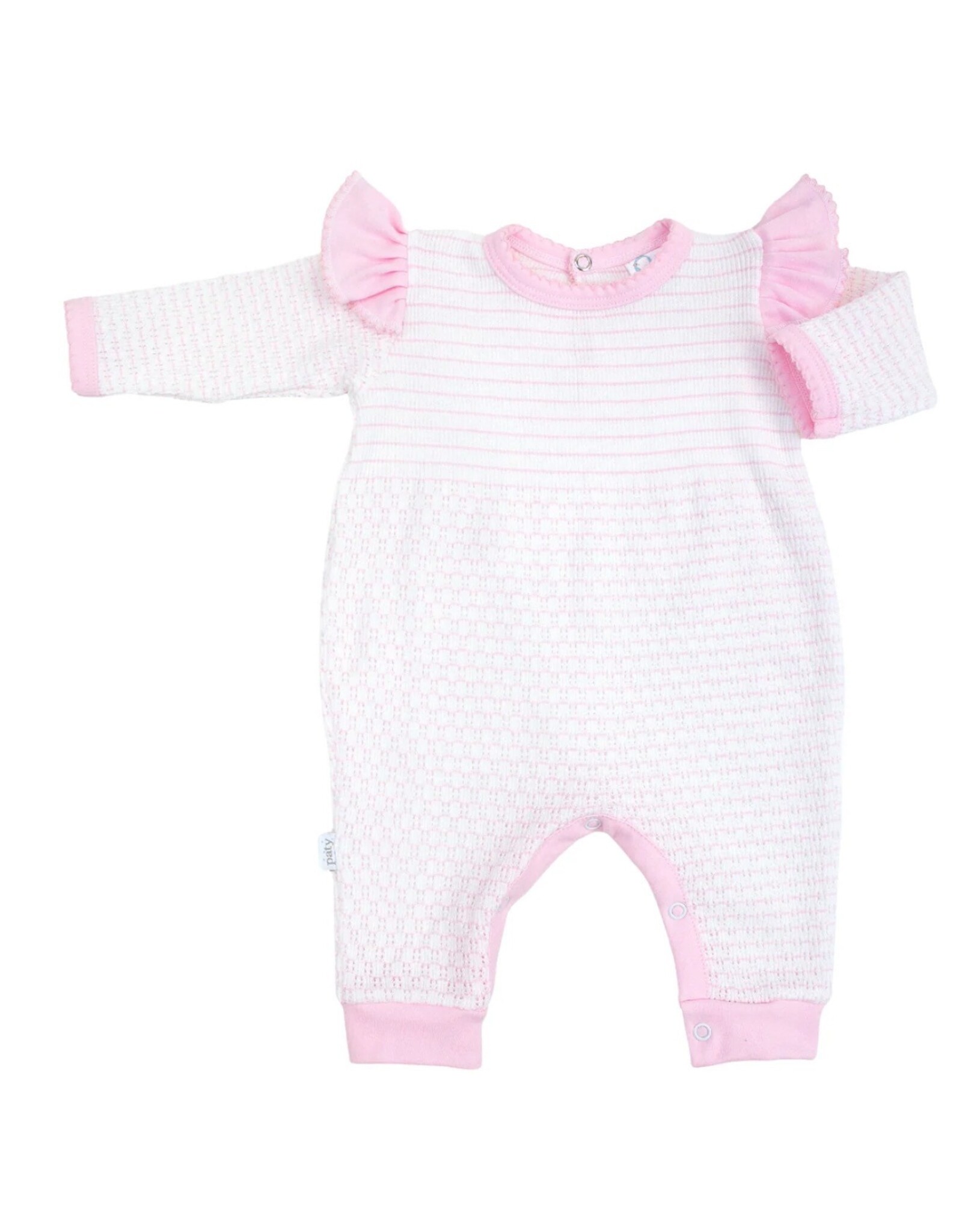 Paty Inc. Paty Inc.- Pink w/Pink Trim L/S Pinstripe Romper w/Ruffle Shoulder