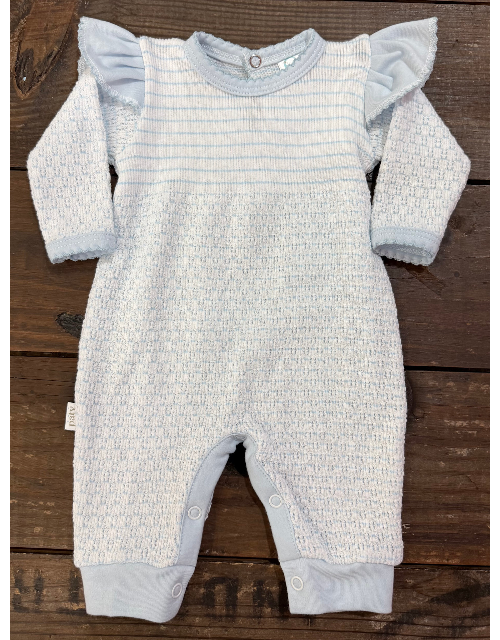 Paty Inc. Paty Inc.- Blue w/Blue Trim L/S Pinstripe Romper w/Ruffle Shoulder
