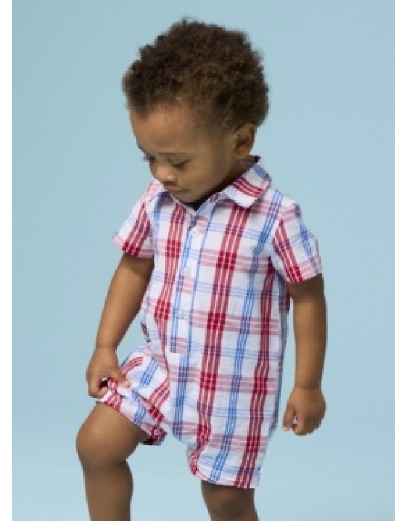 Ruffle Butts Ruffle Butts- Lincoln Plaid Woven S/S Button-Up Romper