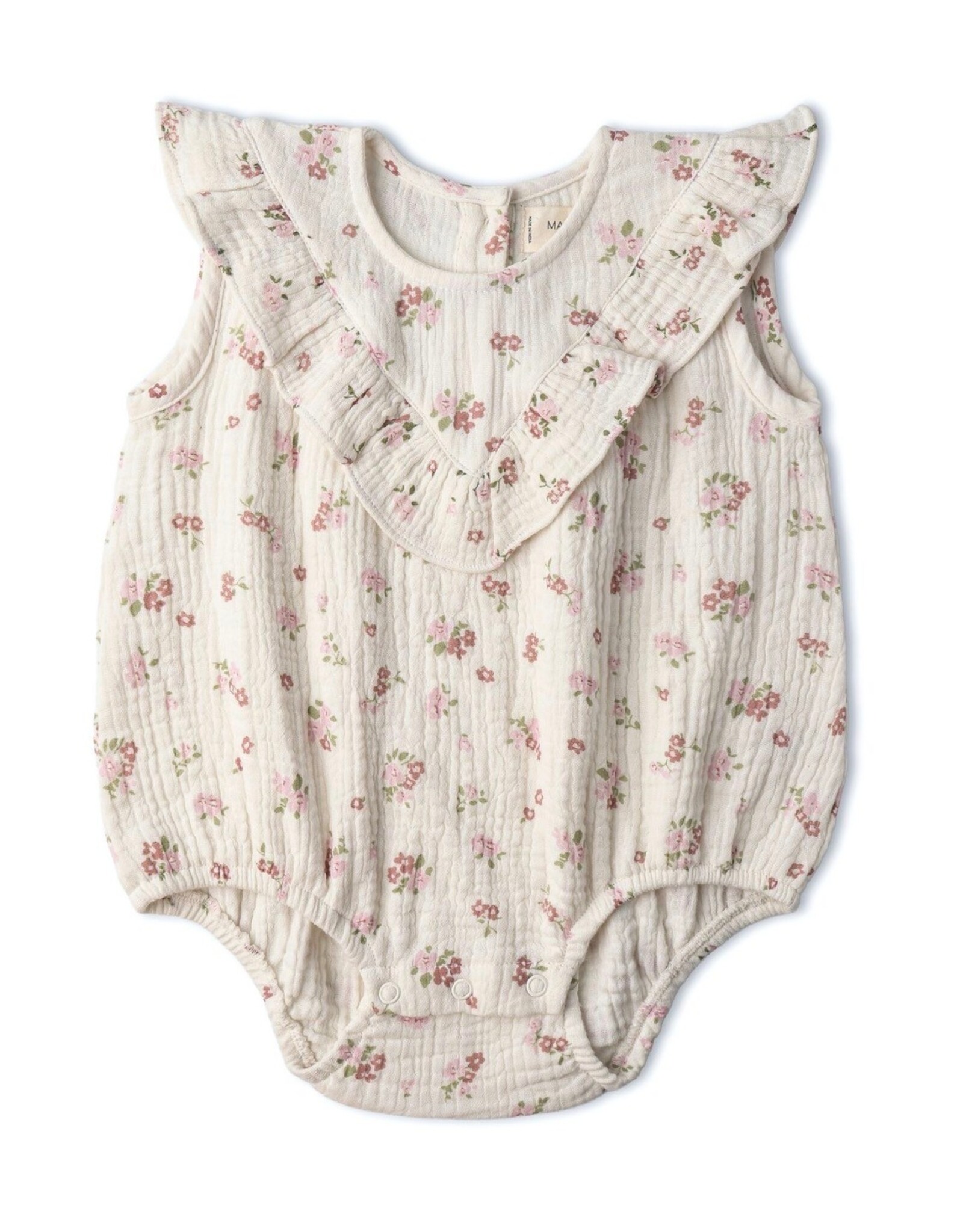 MAKEMAKE Organics MM Organics- Blush Floral Sleeveless Ruffle Bubble Romper